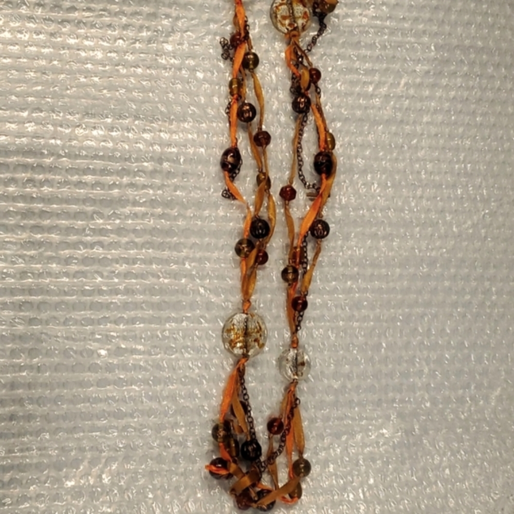 BOHO Amber brown Murano glass & Beaded  Necklace mukti strand ITALY BOHEMIAN